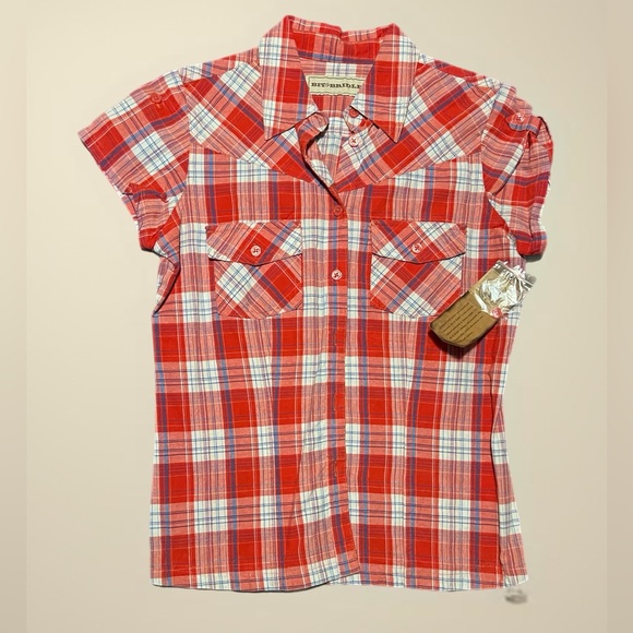 Bit & Bridle Red and White Plaid Button Down Short Sleeve Shirt - Picture 1 of 5